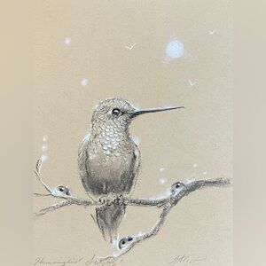 Original Hummingbird Art Mixed Media painting ladybug bird artwork surreal EAE
